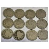 12 Liberty V Nickels from the years 1898 to 1912.