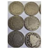 12 Liberty V Nickels from the years 1898 to 1912.