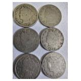 12 Liberty V Nickels from the years 1898 to 1912.