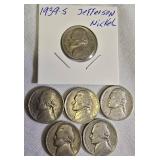 6 Jefferson Nickels: 5 from 1938 (P mint mark) and 1 from 1939 (S mint mark).