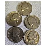 6 Jefferson Nickels: 5 from 1938 (P mint mark) and 1 from 1939 (S mint mark).