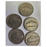 6 Jefferson Nickels: 5 from 1938 (P mint mark) and 1 from 1939 (S mint mark).