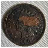 Five Indian Cents from the years 1900, 1901, 1905, and 1907 - all in worn condition.