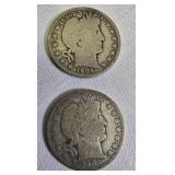 Two Barber half dollars with a face value of one dollar: 1901-P and 1906-O