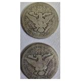 Two Barber half dollars with a face value of one dollar: 1901-P and 1906-O