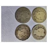 Four Barber Quarters with a face value of one dollar: 1894-P, 1902-O,1907-P & 1912-P
