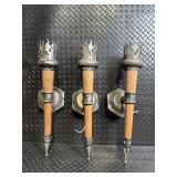 Vintage Torch-Style Wall Sconces with Wood Handles - Set of 3