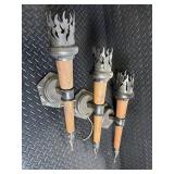 Vintage Torch-Style Wall Sconces with Wood Handles - Set of 3