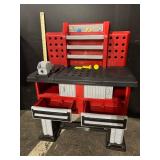Toy Workbench for Kids - Red/Gray Plastic with Tool Drawers