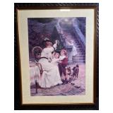 Framed Vintage Print - Children with Dog by Garden Staircase
