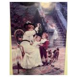 Framed Vintage Print - Children with Dog by Garden Staircase