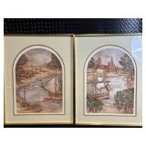 Nautical Harbor Prints - Arch-Top Pair in Gold Frames