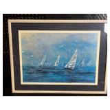 Sailboat Seascape Art Print - Framed Blue Ocean Scene, Signed