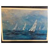 Sailboat Seascape Art Print - Framed Blue Ocean Scene, Signed