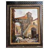 Sol Signature Oil Painting - Mediterranean Village Archway & Stair Scene in Ornate Frame