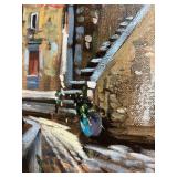Sol Signature Oil Painting - Mediterranean Village Archway & Stair Scene in Ornate Frame