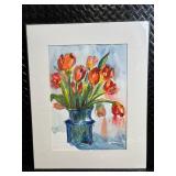 Tulips in Blue Vase - Watercolor Floral Painting, Signed