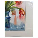 Tulips in Blue Vase - Watercolor Floral Painting, Signed