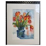 Tulips in Blue Vase - Watercolor Floral Painting, Signed