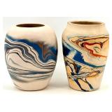 Nemadji Pottery - American Southwest Pottery Vases - Hand Made Hand Painted Marbled Blue & Tan (Lot of 2)
