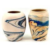 Nemadji Pottery - American Southwest Pottery Vases - Hand Made Hand Painted Marbled Blue & Tan (Lot of 2)