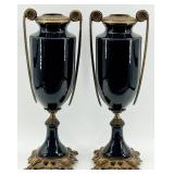Pair of Neoclassical French-Style Black Vases / Urns with Gilt-Bronze Mounts