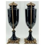 Pair of Neoclassical French-Style Black Vases / Urns with Gilt-Bronze Mounts