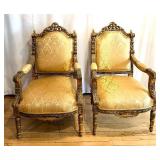 Vintage Rococo Revival Armchairs - Pair, Gilded Carved Frames & Damask Upholstery