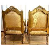Vintage Rococo Revival Armchairs - Pair, Gilded Carved Frames & Damask Upholstery