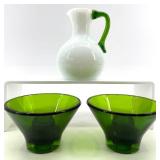 Chodziez Vase, Floral Dish, Emerald Green Glass Bowls & Teal Ribbed Plate