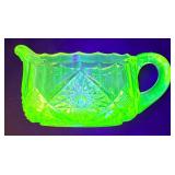 Vintage Creamer Pitcher - Uranium Glass - Green Diamond Cut Pattern