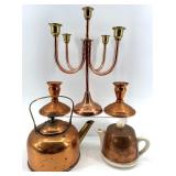 Vintage Copper Candelabra Five-Arm Centerpiece with Teapots Set, Made in England