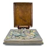 Vintage Metal Jewelry Box with Enamel Floral & Hummingbird Motif and Copper Engraving Plate