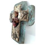 Sacred Heart Cross Wall Plaque - Distressed Turquoise Wood & Metal Overlay