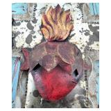 Sacred Heart Cross Wall Plaque - Distressed Turquoise Wood & Metal Overlay