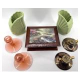 Vintage Green Shell Vases Pair, Pink Glass Candlesticks, Iridescent Candle Holders & Thomas Kinkade Jewelry Box