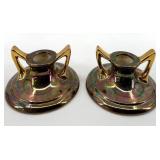 Vintage Green Shell Vases Pair, Pink Glass Candlesticks, Iridescent Candle Holders & Thomas Kinkade Jewelry Box