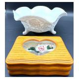 White Rose Relief Ceramic Bowl & Wooden Heart Window Jewelry Box