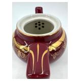Hall Burgundy 4-Cup Teapot - Creamer & Sugar Bowl & Wooden Teapot - Made in USA