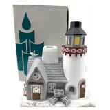 Stone Harbor Lighthouse & Cottage Snow Scene Figurine - Resin Coastal Decor