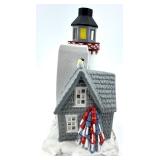 Stone Harbor Lighthouse & Cottage Snow Scene Figurine - Resin Coastal Decor