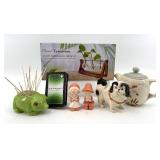 Green Ceramic Pig Toothpick Holder with Wooden Stand & Assorted Porcelain Figurines