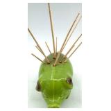 Green Ceramic Pig Toothpick Holder with Wooden Stand & Assorted Porcelain Figurines