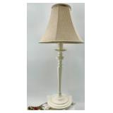 Table Lamps - Set of 3 Vintage White & Burlap Shade Lamps, Burgundy Damask Shade