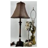 Vintage Lamps - Ornate Dark Floor Lamp, Brass Table Lamp & Camouflage Shade Table Lamp (Lot of 3)