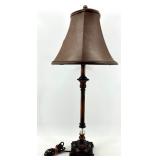 Vintage Lamps - Ornate Dark Floor Lamp, Brass Table Lamp & Camouflage Shade Table Lamp (Lot of 3)