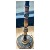 Brass Floor Lamp with Dual Bulb Sockets & Ornate Turned Wood Column