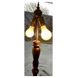 Brass Floor Lamp with Dual Bulb Sockets & Ornate Turned Wood Column