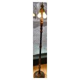 Brass Floor Lamp with Dual Bulb Sockets & Ornate Turned Wood Column