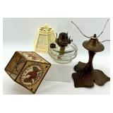 Art Nouveau Lamp Base Set - Glass Oil Lamp Base, Paper Eagle Lampshade, Plastic Lampshade